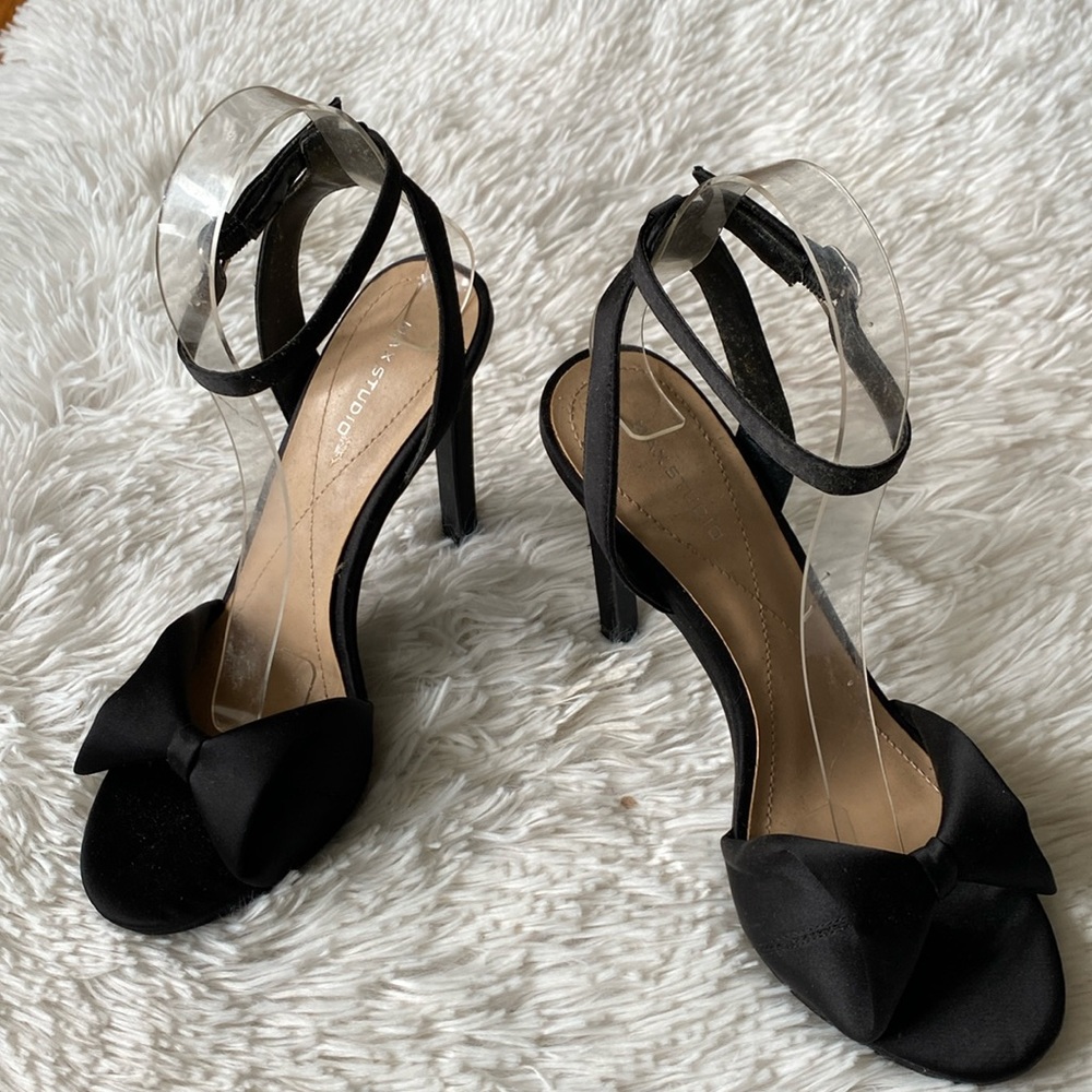 Black satin bow ankle wrap sandals, size 6 1/2